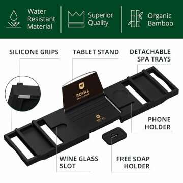 ROYAL CRAFT WOOD Premium Foldable Bathtub Tray - Wood Bath Tray for Tub, Bamboo Bathtub Shelf, Expandable Bath Table Tray, Luxury Bathtub & Bathroom Accessories for New Home & Unique Gift for Women