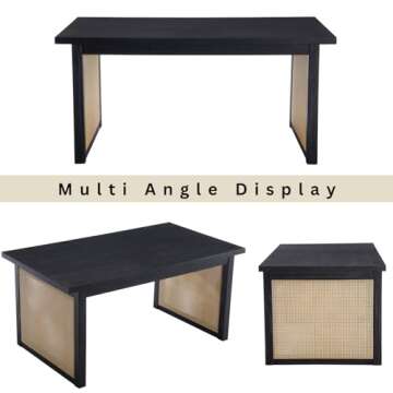 LukeAlon Solid Wood Dining Tabel for 4 to 6 People, Mid Century Modern Rattan Double Pedestal Rustic...