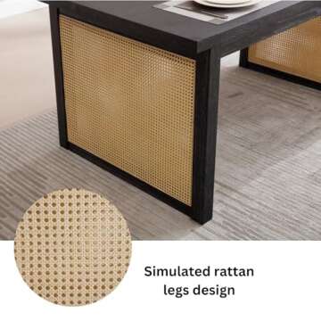 LukeAlon Solid Wood Dining Tabel for 4 to 6 People, Mid Century Modern Rattan Double Pedestal Rustic 63" Long Solid Wood Kitchen Table Farmhouse Style Retangular Dining Room Tabel, Black