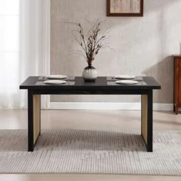 LukeAlon Solid Wood Dining Tabel for 4 to 6 People, Mid Century Modern Rattan Double Pedestal Rustic 63" Long Solid Wood Kitchen Table Farmhouse Style Retangular Dining Room Tabel, Black