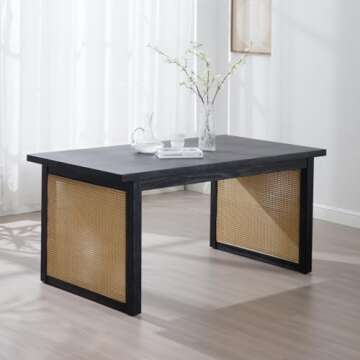 LukeAlon Solid Wood Dining Tabel for 4 to 6 People, Mid Century Modern Rattan Double Pedestal Rustic 63" Long Solid Wood Kitchen Table Farmhouse Style Retangular Dining Room Tabel, Black