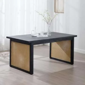 LukeAlon Solid Wood Dining Tabel for 4 to 6 People, Mid Century Modern Rattan Double Pedestal Rustic 63" Long Solid Wood Kitchen Table Farmhouse Style Retangular Dining Room Tabel, Black