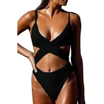 CHYRII Women's Sexy Criss Cross High Waisted Cut Out One Piece Monokini Swimsuit Black S