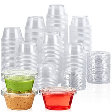 200 Sets 2 oz Disposable Plastic Portion Cups with Lids, Condiment Containers for Dipping Sauces, Je...