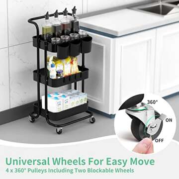 Stylish 3 Tier Rolling Cart with Handle and Baskets