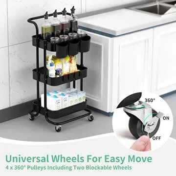 Stylish 3 Tier Rolling Cart with Handle and Baskets