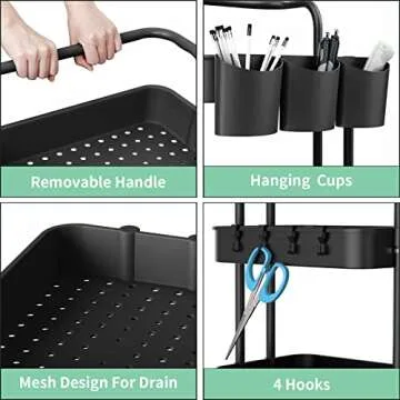 Stylish 3 Tier Rolling Cart with Handle and Baskets