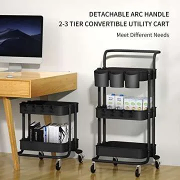 Stylish 3 Tier Rolling Cart with Handle and Baskets