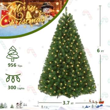Homdox 6ft Pre-lit Christmas Tree with 300 Warm Lights