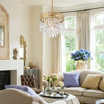 Gold Chandelier Light Fixture Crystal Chandeliers Hallway Light 10.5" Classic Crown Ceiling Light Fixture for Dining Room,Bedroom,Foyer,Hallway,Entryway,Balcony Kitchen(Adjustable Height)