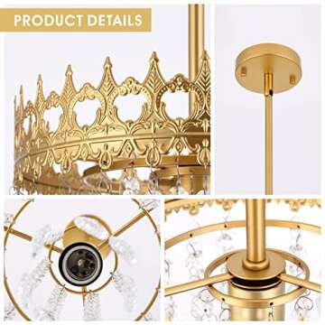 Gold Chandelier Light Fixture Crystal Chandeliers Hallway Light 10.5" Classic Crown Ceiling Light Fixture for Dining Room,Bedroom,Foyer,Hallway,Entryway,Balcony Kitchen(Adjustable Height)