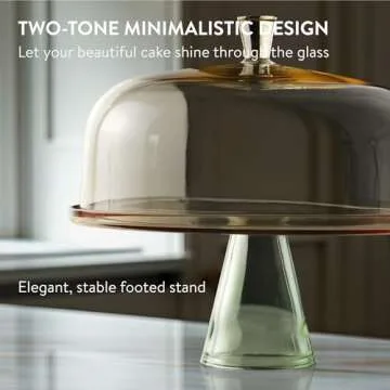 ELIXIR GLASSWARE Large Cake Stand with Dome Lid - 13" (33cm) Elegant Footed Covered Cake Plate - Green Foot and Amber Pedestal Plate - Hand-Blown Glass Covered Dessert Stand