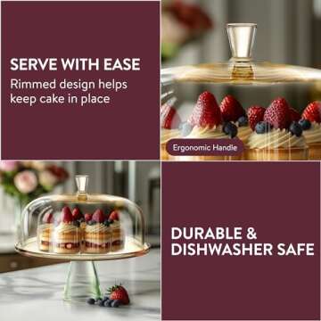 ELIXIR GLASSWARE Large Cake Stand with Dome Lid - 13" (33cm) Elegant Footed Covered Cake Plate - Green Foot and Amber Pedestal Plate - Hand-Blown Glass Covered Dessert Stand