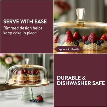ELIXIR GLASSWARE Large Cake Stand with Dome Lid - 13" (33cm) Elegant Footed Covered Cake Plate - Green Foot and Amber Pedestal Plate - Hand-Blown Glass Covered Dessert Stand