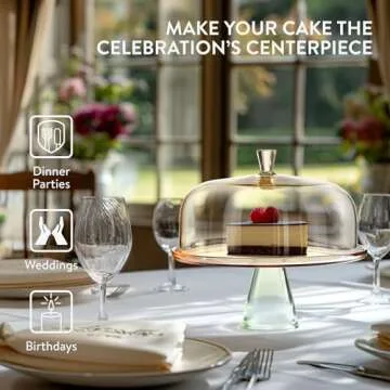 ELIXIR GLASSWARE Large Cake Stand with Dome Lid - 13" (33cm) Elegant Footed Covered Cake Plate - Green Foot and Amber Pedestal Plate - Hand-Blown Glass Covered Dessert Stand