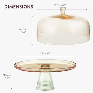 ELIXIR GLASSWARE Large Cake Stand with Dome Lid - 13" (33cm) Elegant Footed Covered Cake Plate - Green Foot and Amber Pedestal Plate - Hand-Blown Glass Covered Dessert Stand
