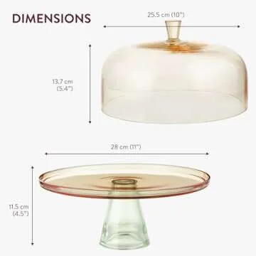 ELIXIR GLASSWARE Large Cake Stand with Dome Lid - 13" (33cm) Elegant Footed Covered Cake Plate - Green Foot and Amber Pedestal Plate - Hand-Blown Glass Covered Dessert Stand