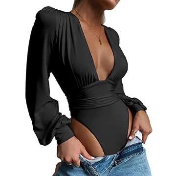 Umenlele Women's Plunging V Neck Ruched Pleated Long Sleeve Top Leotard Bodysuit Black Small