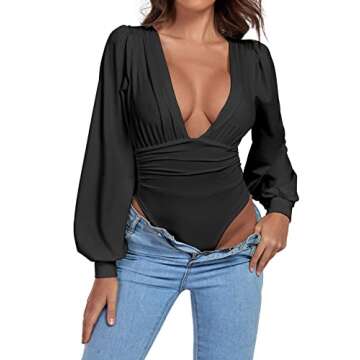Umenlele Women's Plunging V Neck Ruched Pleated Long Sleeve Top Leotard Bodysuit Black Small