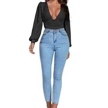 Umenlele Deep V Neck Long Sleeve Bodysuit for Women
