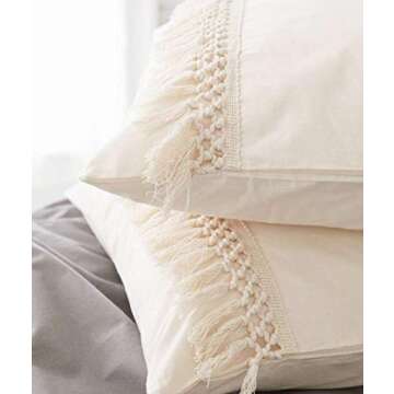 Flber White Pillowcases Tassel Sham Cotton Pillow Covers,Set of 2 (18.9in x29.1in)