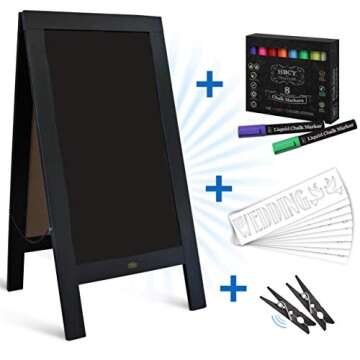 A Frame Chalkboard with Chalk Markers by HBCY Creations: 40x20 Solid Wood A-Frame Sign Gray Double-Sided Magentic Menu Board, Deluxe Set Includes 8 Chalk Markers, 10 Stencils, 2 Magnets