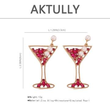 Champagne Wine Glass Dangle Earrings for Women Cocktail Earrings Rhinestones Crystal Pearl Cocktail Glass Goblet Earring Tropical Margarita Dangle Earrings for Women Party Wedding Jewelry Gifts (Rose Red)