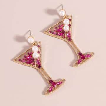 Champagne Wine Glass Dangle Earrings for Women Cocktail Earrings Rhinestones Crystal Pearl Cocktail Glass Goblet Earring Tropical Margarita Dangle Earrings for Women Party Wedding Jewelry Gifts (Rose Red)