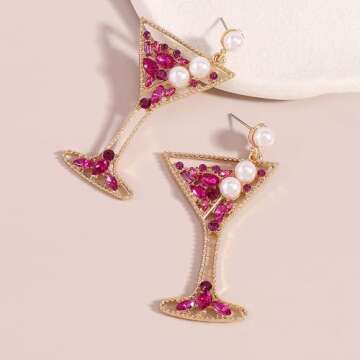 Champagne Wine Glass Dangle Earrings for Women Cocktail Earrings Rhinestones Crystal Pearl Cocktail Glass Goblet Earring Tropical Margarita Dangle Earrings for Women Party Wedding Jewelry Gifts (Rose Red)