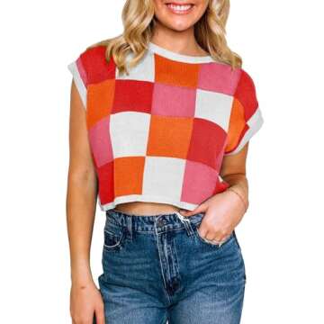 Saodimallsu Womens Cap Sleeve Crop Tops Summer Color Block Going Out Crew Neck Knit Trendy Casual Sw...