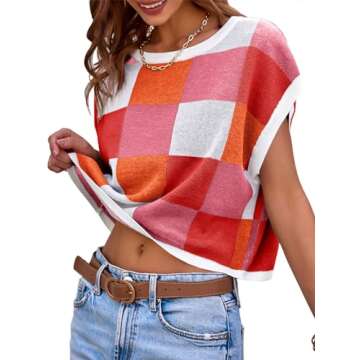 Saodimallsu Womens Cap Sleeve Crop Tops Summer Color Block Going Out Crew Neck Knit Trendy Casual Sweater Red