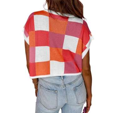 Saodimallsu Womens Cap Sleeve Crop Tops Summer Color Block Going Out Crew Neck Knit Trendy Casual Sweater Red