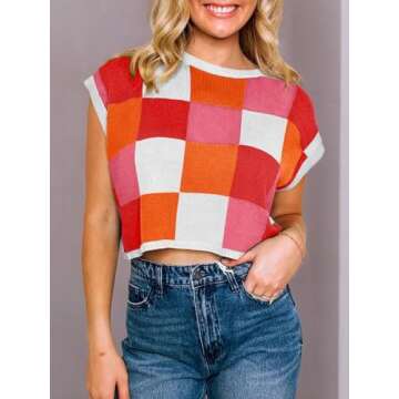 Saodimallsu Womens Cap Sleeve Crop Tops Summer Color Block Going Out Crew Neck Knit Trendy Casual Sweater Red