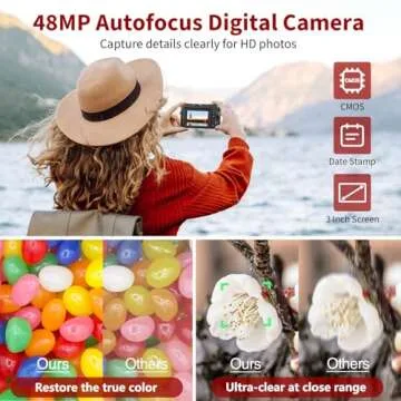 Bifevsr 4K Digital Camera for Photography Autofocus, 48MP Vlogging Camera with Flash Anti-Shake, 3'' 180° Flip Screen Compact Travel Camera 16X Zoom Camera for Teens with 32G Card, Battery Charger