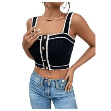 SweatyRocks Women's Sleeveless Ribbed Knit Spaghetti Strap Crop Cami Tank Top Dark Black S