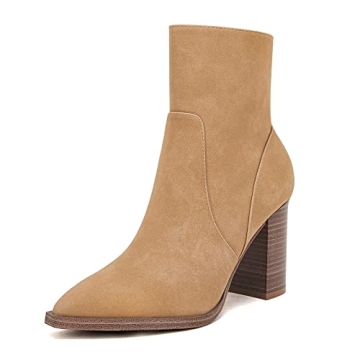 LAICIGO Women's Pointed Toe Ankle Boots - Stylish Chunky Heel Faux Leather Booties