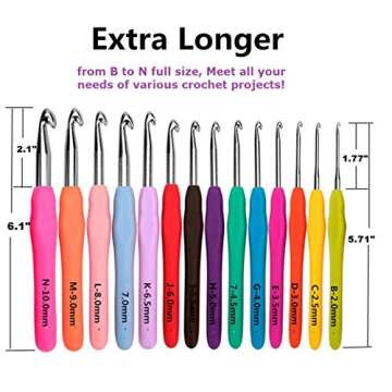 14 Pcs Crochet Hooks Set with Ergonomic Soft Grip by Sooleo, 2mm(B)-10mm(N) Crochet Hook Crochet Needles Kit with Case, Extra Long? Knit Needles for Arthritic Hands and Old Fingers