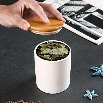 Ceramic canister storage jar tea jar herbs container with bamboo lid (airtight) (White, 4.16x3.52 In...