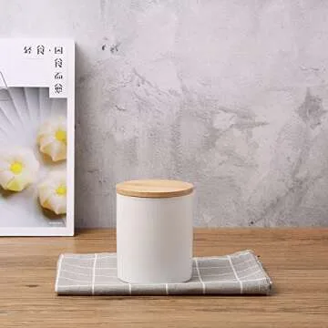 Ceramic canister storage jar tea jar herbs container with bamboo lid (airtight) (White, 4.16x3.52 Inch)