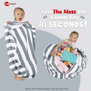 WEKAPO Stuffed Animal Storage Bean Bag Chair Cover for Kids | Stuffable Zipper Beanbag for Organizing Children Plush Toys Large Premium Cotton Canvas (Gray, XX-Large)