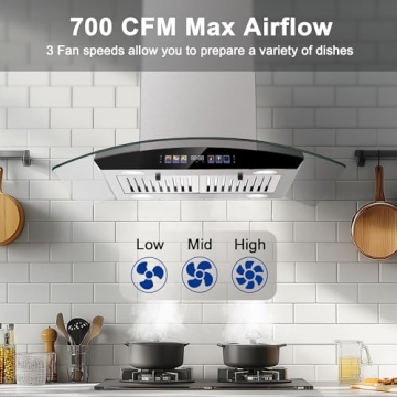Tieasy Island Range Hood 30 Inch 700 CFM Ceiling Mount Kitchen Vent Hood Tempered Glass with Color G...