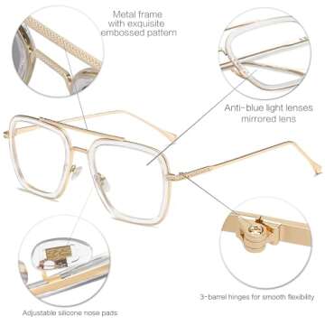 SOJOS Blue Light Blocking Glasses for Men Women Aviator Square Classic Glasses SJ1126 with Gold Frame/Crystal Rim/Anti-Blue Light Lens