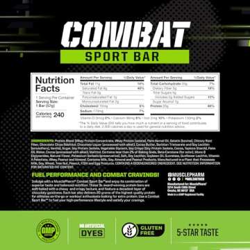 MusclePharm Combat Sport Bar, Chocolate Chip Cookie Dough, High Protein Bars, Combat Cravings, Fuel Performance & Meet Energy Demands, 20g Protein from Whey Protein, 5g Fiber, Gluten Free, 12 Bars