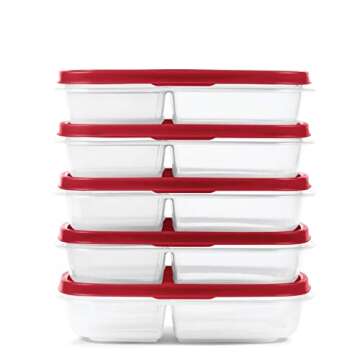 Rubbermaid EasyFindLids Meal Prep Containers, 3 Compartments, 5.1 Cup, 5 Pack