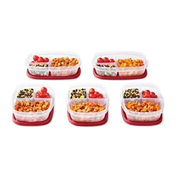 Rubbermaid EasyFindLids Meal Prep Containers, 3 Compartments, 5.1 Cup, 5 Pack