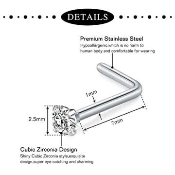 Anicina Nose Rings 18G Nose Rings Hoops Surgical Steel Nose Piercing Kit L Shape Nose Studs for Women CZ Heart Moon nose piercings Silver Nose Piercing Jewelry