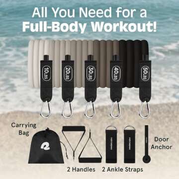 Retrospec Train Resistance Bands Set (5pc) Workout Bands w/Handles, Door Anchor, Carry Bag for Women & Men, Cobblestone