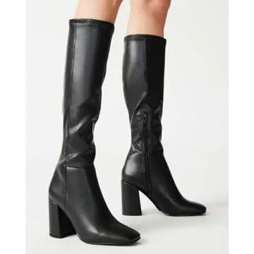 SOVANYOU Black Knee High Boots Leather Tall Black Boots for Women Chunky Heeled Tall Boots Square Toe Long Boots Go-Go Boot