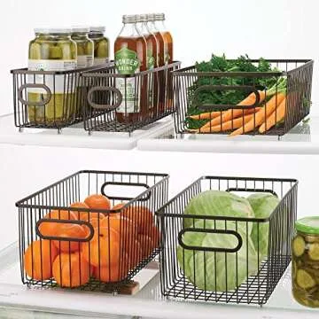 mDesign Metal Farmhouse Kitchen Pantry Food Storage Organizer Basket Bin - Wire Grid Design for Cabinets, Cupboards, Shelves, Countertops - Holds Potatoes, Onions, Fruit - 4 Pack - Bronze