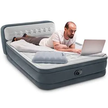 Intex Queen Blow Up Mattress with Headboard and Built in Pump - 18" Air Bed, Dura-Beam Deluxe Ultra Plush, Easy Inflatable Pillow for Camping, Travel and Home Included
